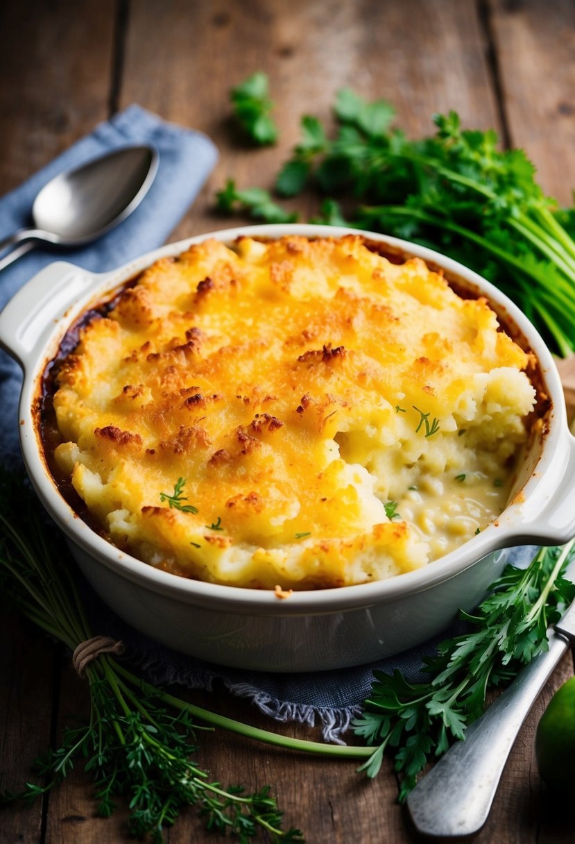 A steaming dish of cottage pie with a golden, crispy mashed potato topping, surrounded by fresh herbs and vegetables on a rustic wooden table