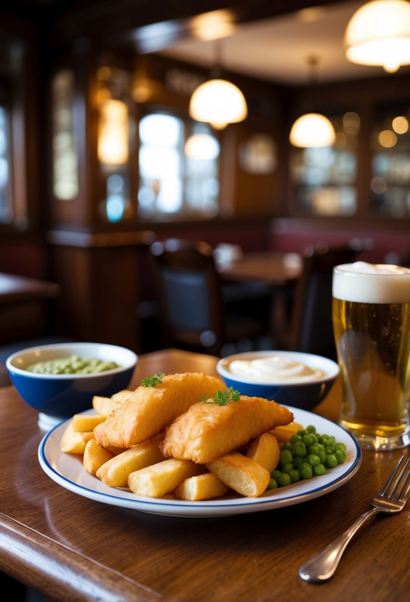 A traditional British pub setting with a plate of golden-brown fish and chips, served with a side of mushy peas and a dollop of tartar sauce