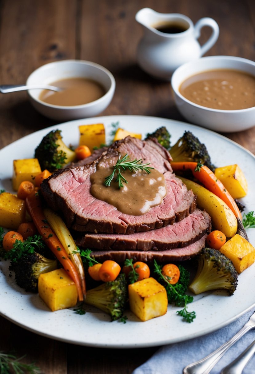 A platter of English roast beef, surrounded by roasted vegetables and topped with savory gravy