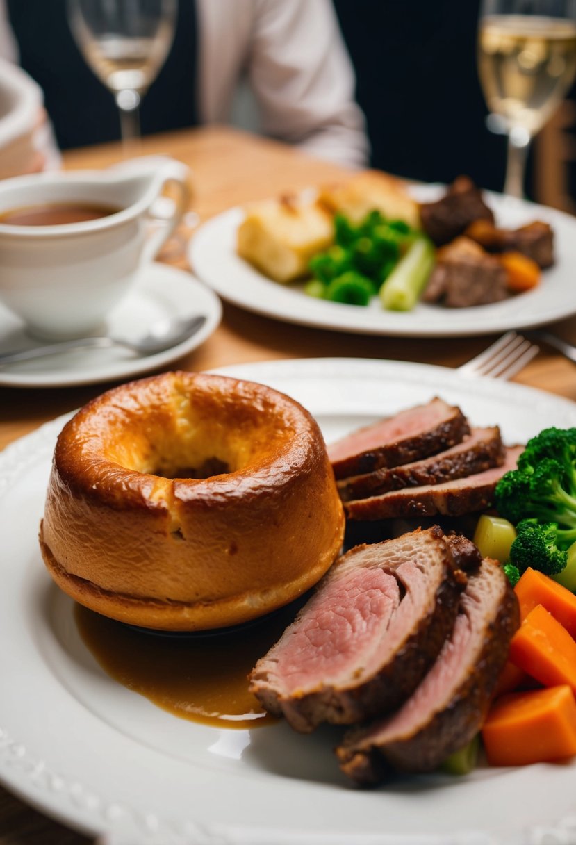 A table set with a traditional English roast dinner, featuring a golden-brown Yorkshire pudding served alongside roast beef, vegetables, and gravy