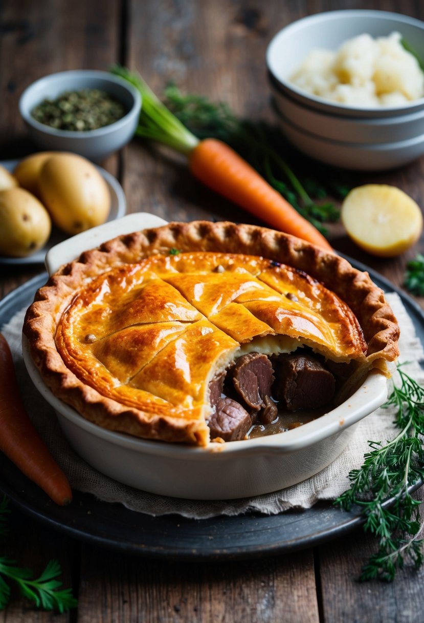 A golden-brown steak and kidney pie sits on a rustic wooden table, surrounded by traditional British ingredients like potatoes, carrots, and herbs