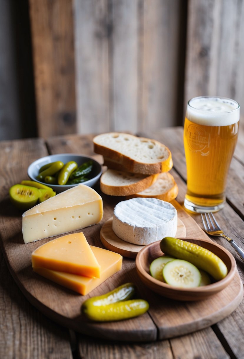 A rustic wooden table set with a variety of cheeses, bread, pickles, and a pint of beer, evoking the traditional Ploughman's Lunch