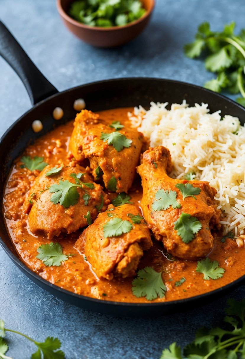 A sizzling skillet holds a rich, red-orange chicken tikka masala, garnished with vibrant green cilantro, accompanied by a side of fluffy basmati rice