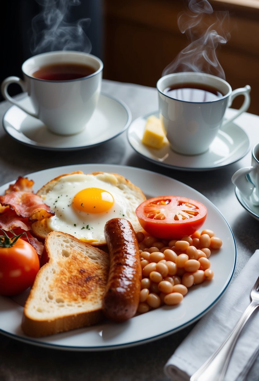 A table set with a steaming plate of eggs, bacon, sausage, beans, tomatoes, and toast, accompanied by a pot of hot tea