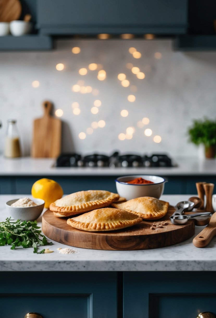 A kitchen counter with ingredients and tools for making Cornish pasties