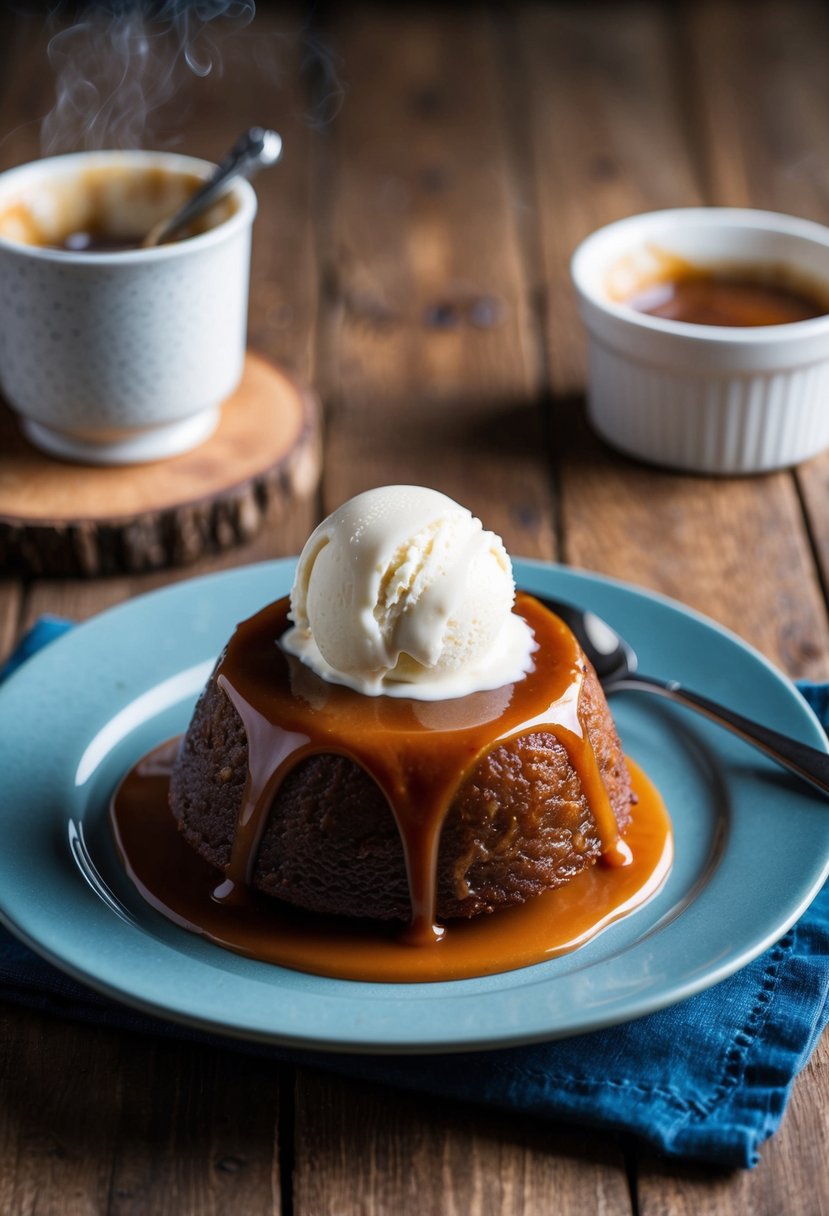 A steaming sticky toffee pudding sits on a rustic wooden table, topped with a rich toffee sauce and a dollop of creamy vanilla ice cream