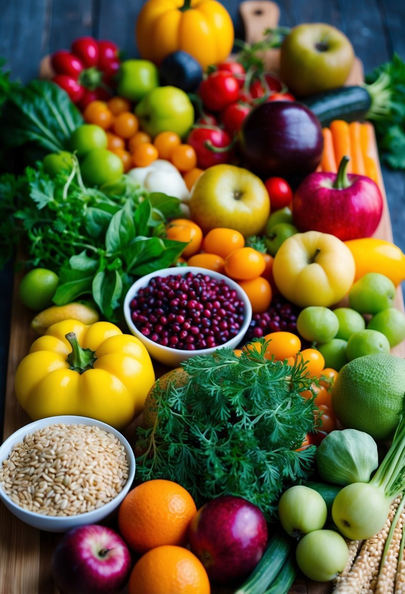 A colorful array of fresh fruits, vegetables, and grains arranged on a wooden cutting board