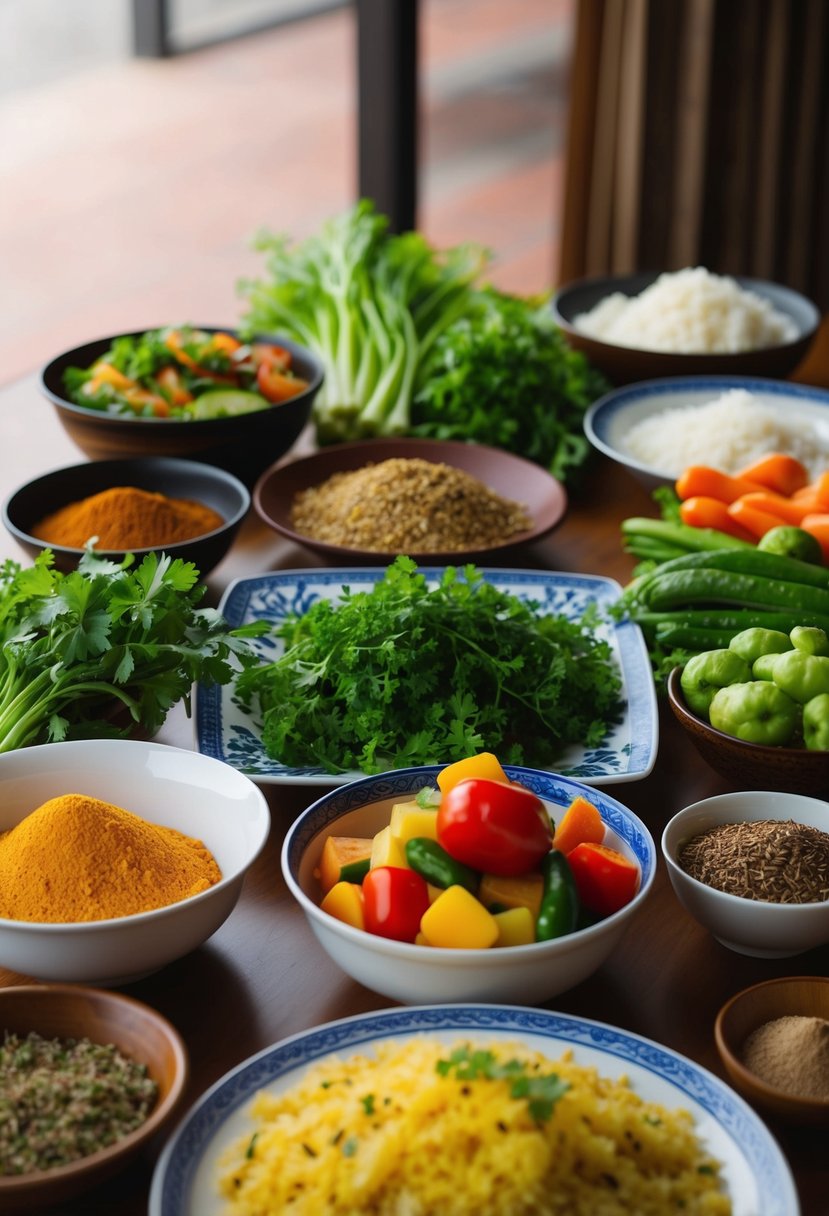 A table set with various ulam ingredients, including fresh vegetables, herbs, and spices, ready to be used in traditional Filipino recipes