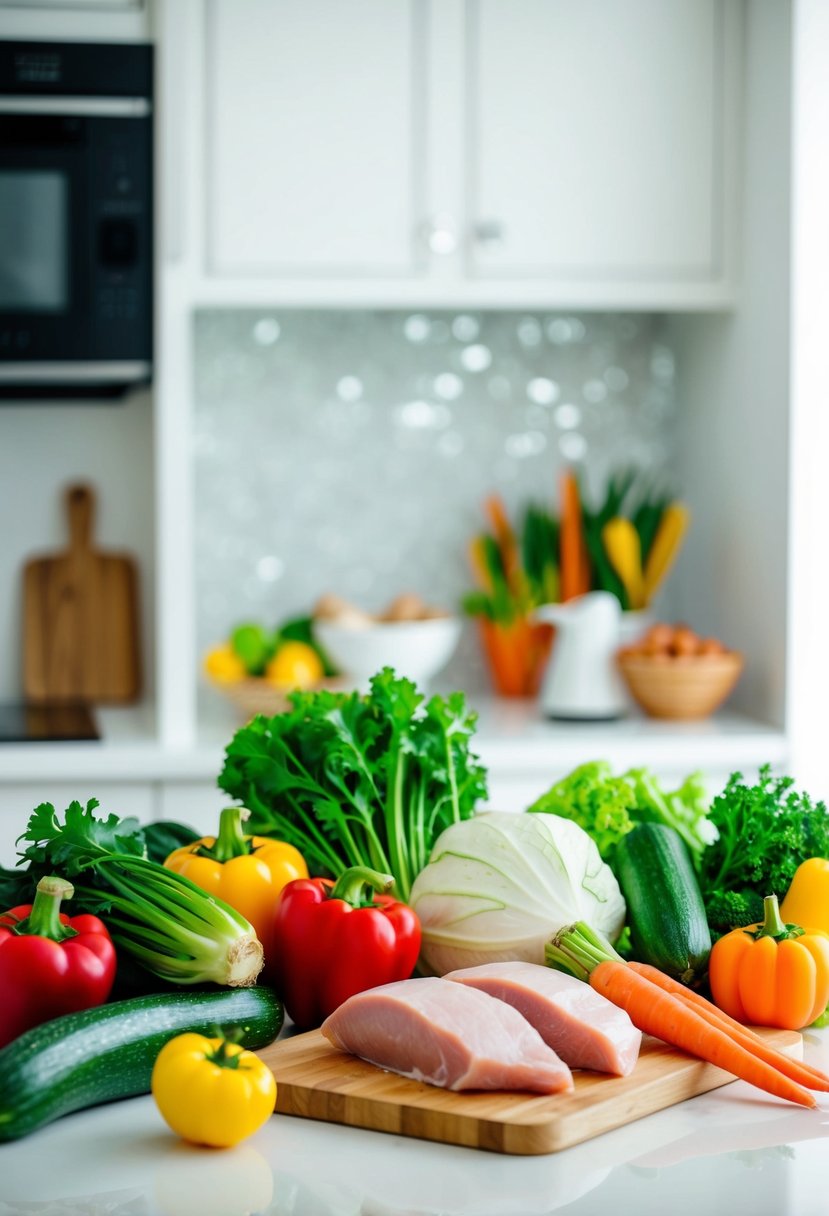 A colorful array of fresh vegetables and lean proteins on a clean, white kitchen counter