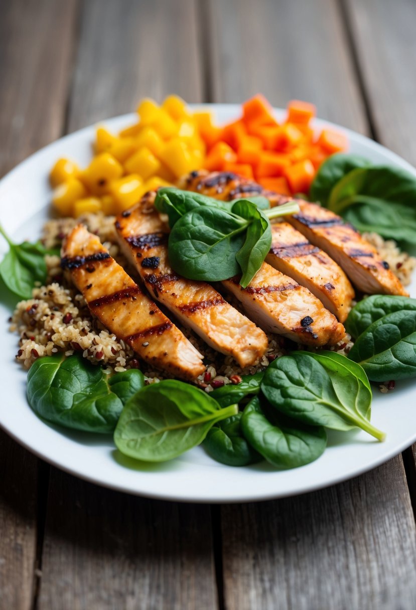 A plate with grilled chicken, quinoa, and spinach arranged in an appetizing and colorful display