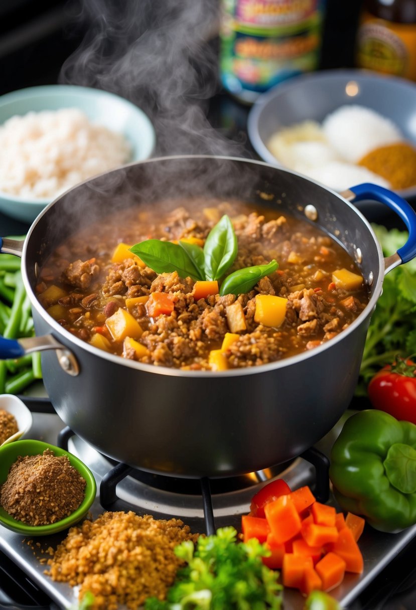 A steaming pot of Filipino picadillo simmers on a stovetop, surrounded by various ingredients like ground meat, vegetables, and aromatic spices