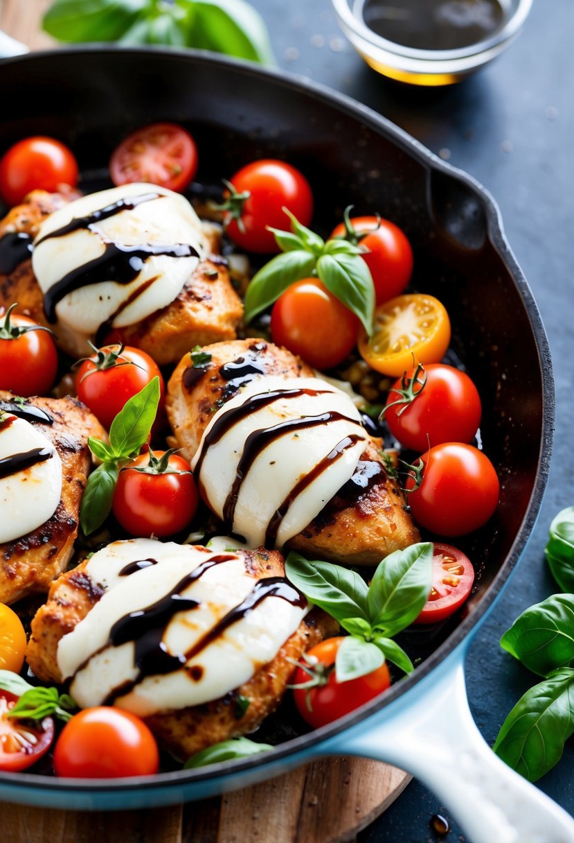 A colorful, sizzling skillet with juicy chicken, ripe tomatoes, fresh basil, and melted mozzarella, all drizzled with balsamic glaze