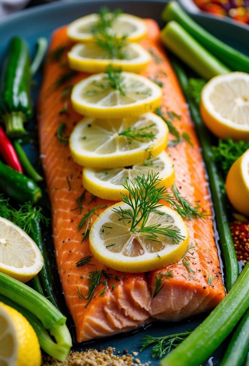 A golden-brown salmon fillet topped with fresh dill and lemon slices, surrounded by vibrant green vegetables and colorful spices