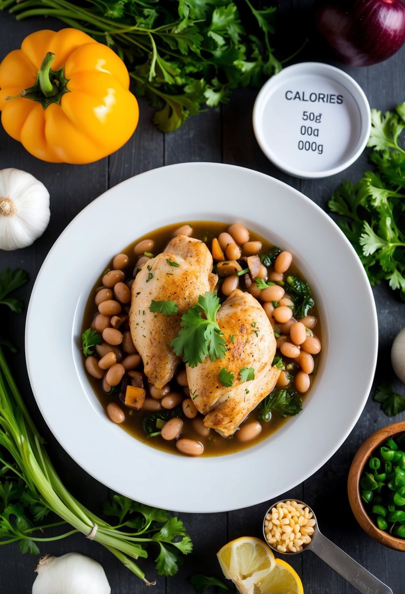 A plate of Spanish chicken and beans surrounded by fresh ingredients, with a calorie count displayed