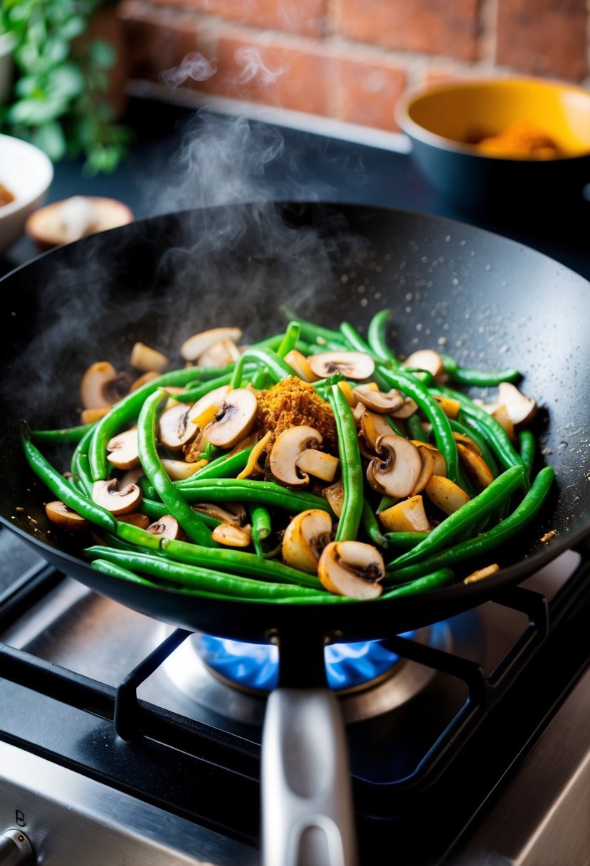 A sizzling wok filled with vibrant green beans, sliced mushrooms, and aromatic spices