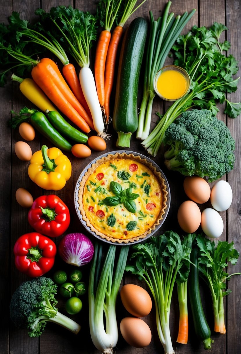 A colorful array of fresh vegetables, eggs, and a crustless quiche, all arranged on a rustic wooden table