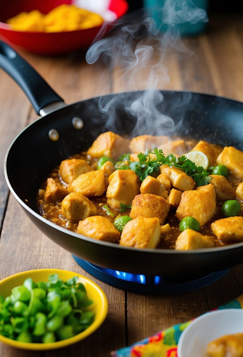 A sizzling pan of ginisang sayote and chicken, with steam rising and vibrant colors