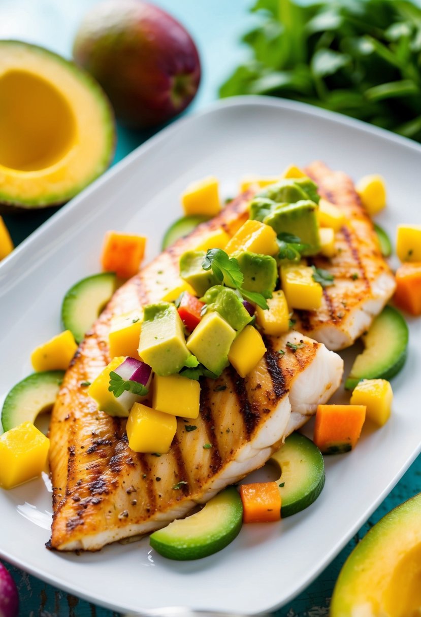 Grilled tilapia topped with mango avocado salsa on a white plate, surrounded by colorful fruits and vegetables