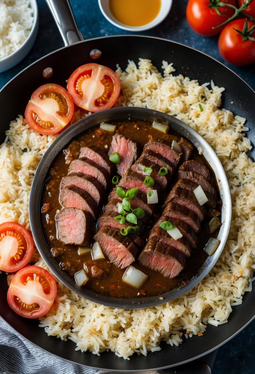 A sizzling pan with beef slices, onions, and soy sauce, surrounded by steamed rice and sliced tomatoes