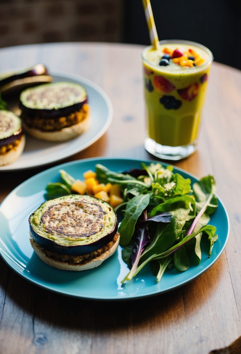 A table set with a plate of vegan aubergine burgers, accompanied by a side of mixed greens and a colorful fruit smoothie