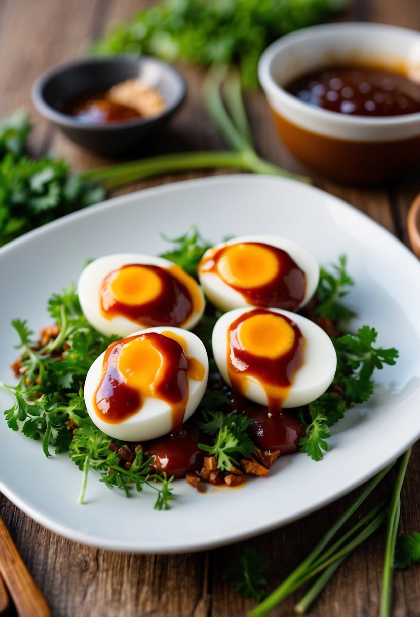 A plate of hard-boiled eggs drizzled with barbeque sauce, surrounded by vibrant green herbs and spices