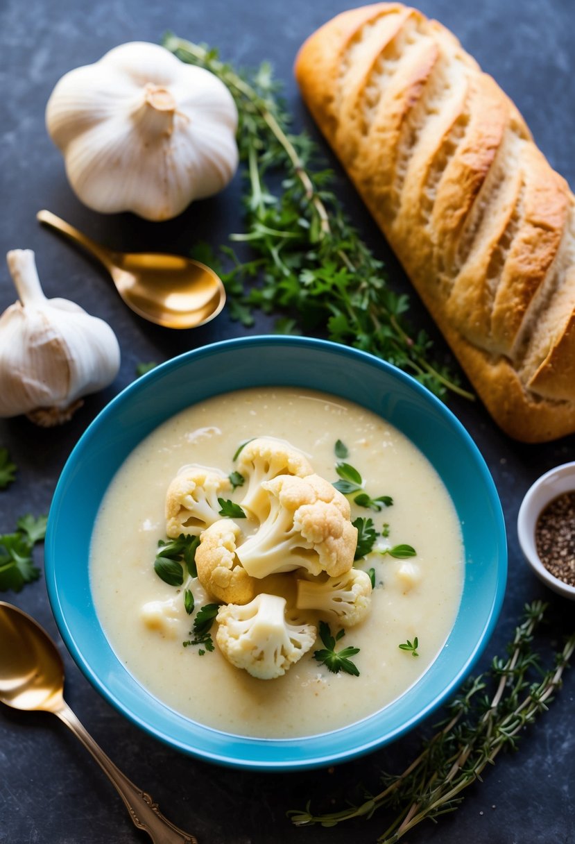 A steaming bowl of creamy cauliflower soup surrounded by roasted garlic, fresh herbs, and a warm loaf of crusty bread