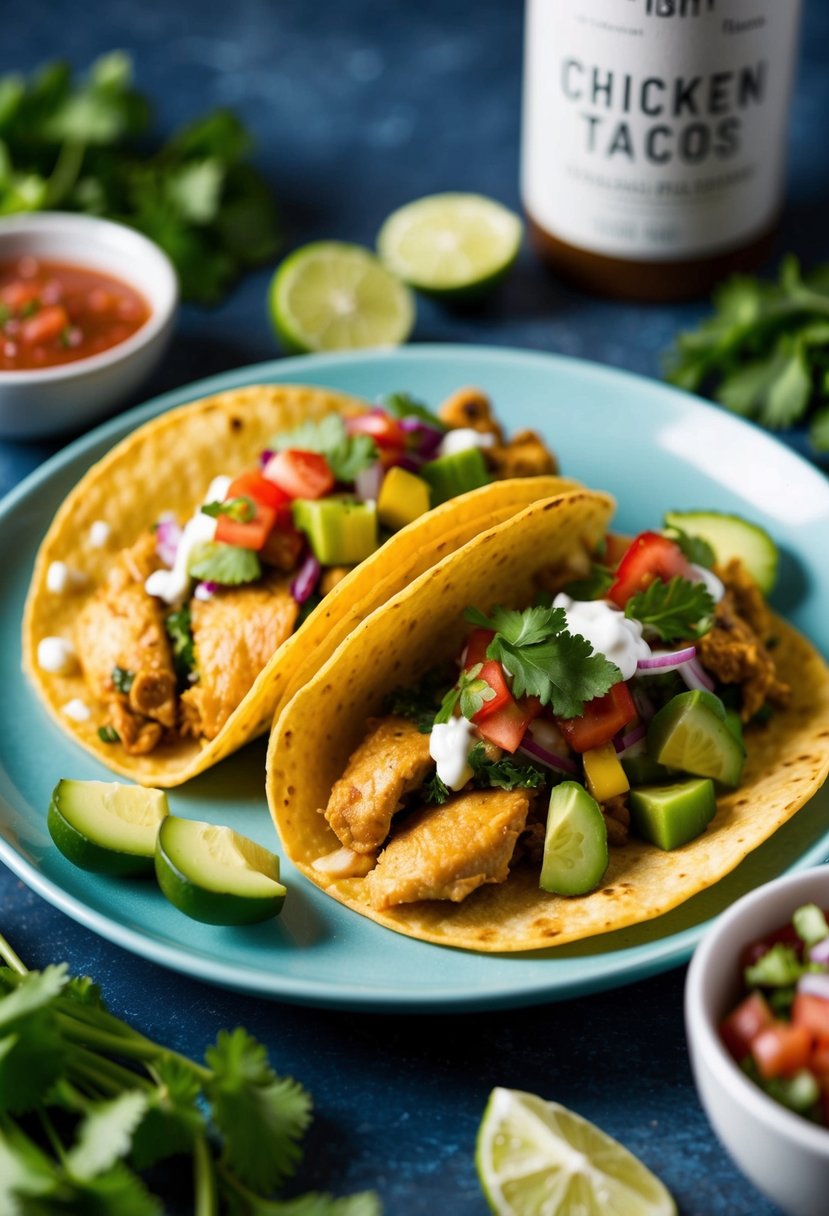 A plate of colorful chicken tacos with fresh vegetables and a side of salsa