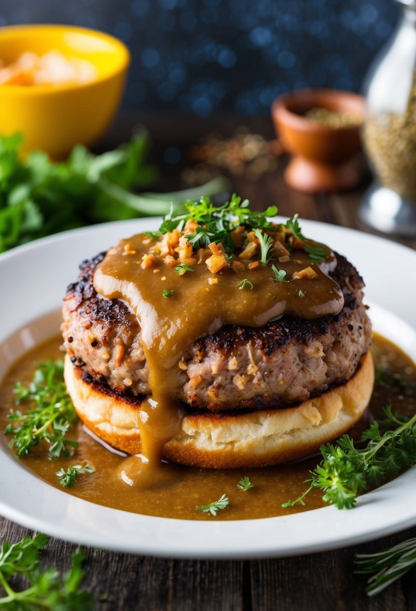 A sizzling tuna burger patty covered in rich, savory gravy, surrounded by aromatic herbs and spices