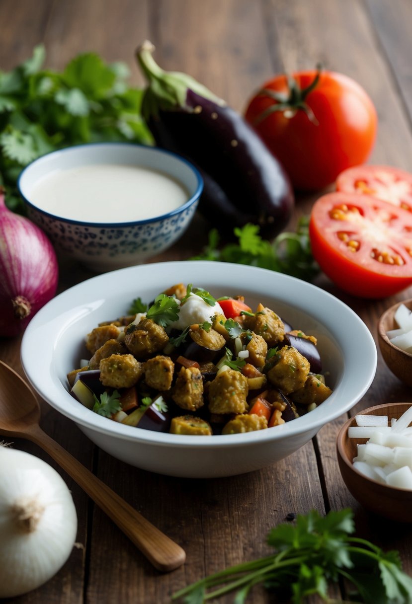 A table set with a bowl of Ensaladang Talong sa Gata surrounded by ingredients like eggplant, coconut milk, tomatoes, and onions