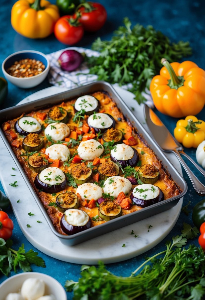 A colorful traybake with aubergine, mozzarella, and spicy seasonings, surrounded by fresh herbs and vibrant vegetables