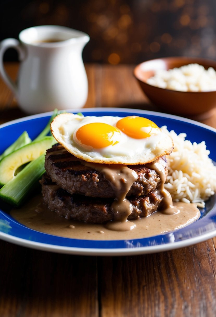 A plate of Loco Moco with homemade gravy, topped with a juicy hamburger patty, a fried egg, and served with a side of rice