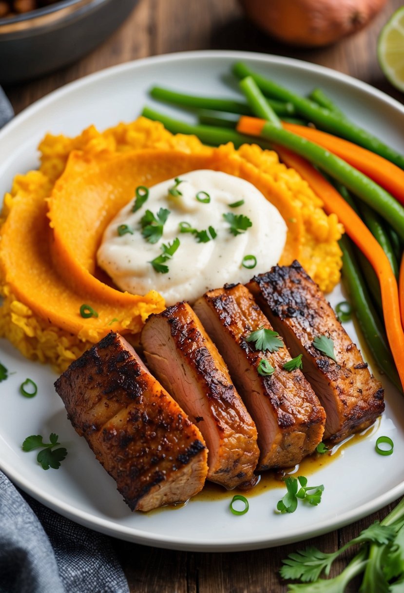 A plate of jerk pork with sweet potato mash, surrounded by colorful vegetables, all under 500 calories