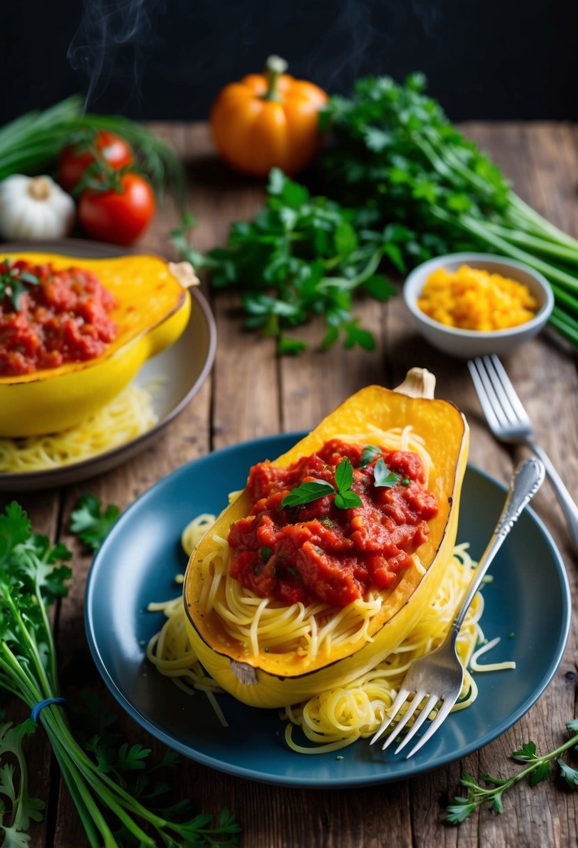 A steaming plate of spaghetti squash topped with marinara sauce on a rustic wooden table, surrounded by fresh herbs and colorful vegetables