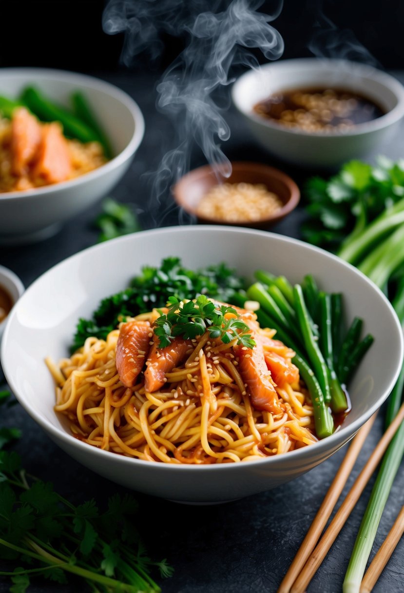 A steaming bowl of hoisin salmon noodles surrounded by fresh vegetables and herbs