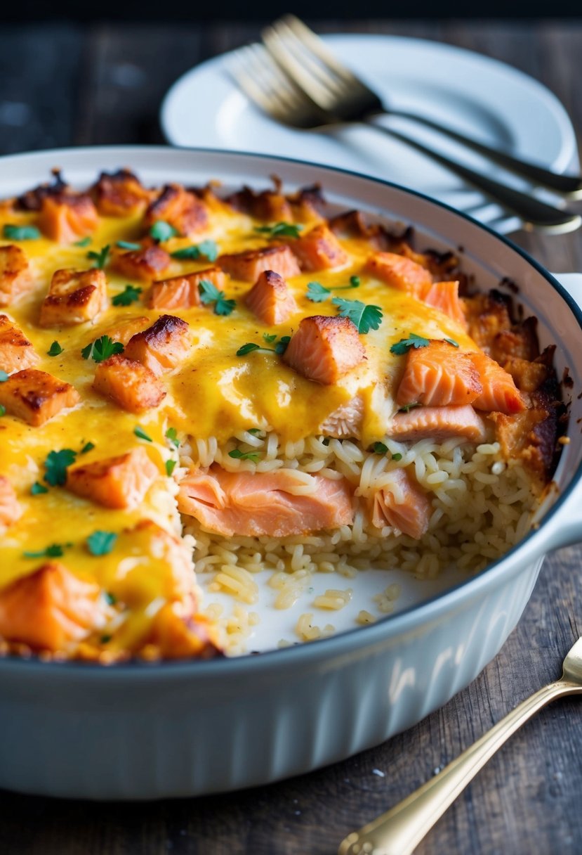 A baking dish filled with layers of rice, salmon, and creamy sauce, topped with a golden brown crust