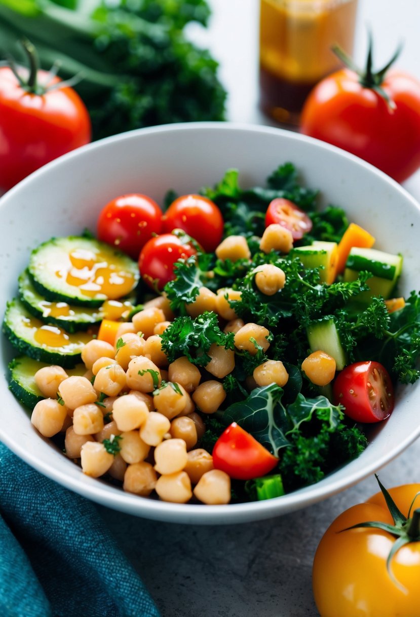 A vibrant bowl filled with chickpeas, kale, tomatoes, and colorful vegetables, drizzled with a light vinaigrette