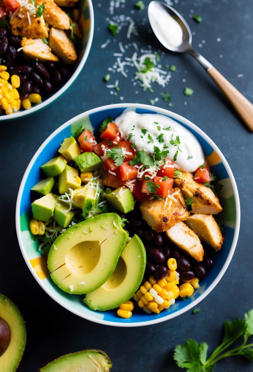 A colorful bowl filled with grilled chicken, black beans, corn, avocado, and fresh salsa, topped with a sprinkle of cheese and a dollop of Greek yogurt