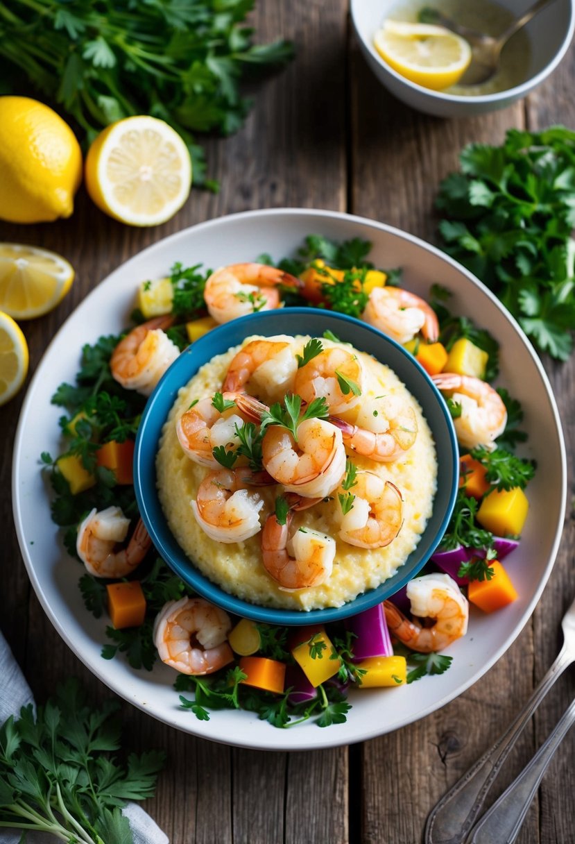 A plate of lemon-garlic shrimp and grits, surrounded by fresh herbs and colorful vegetables, sits on a rustic wooden table