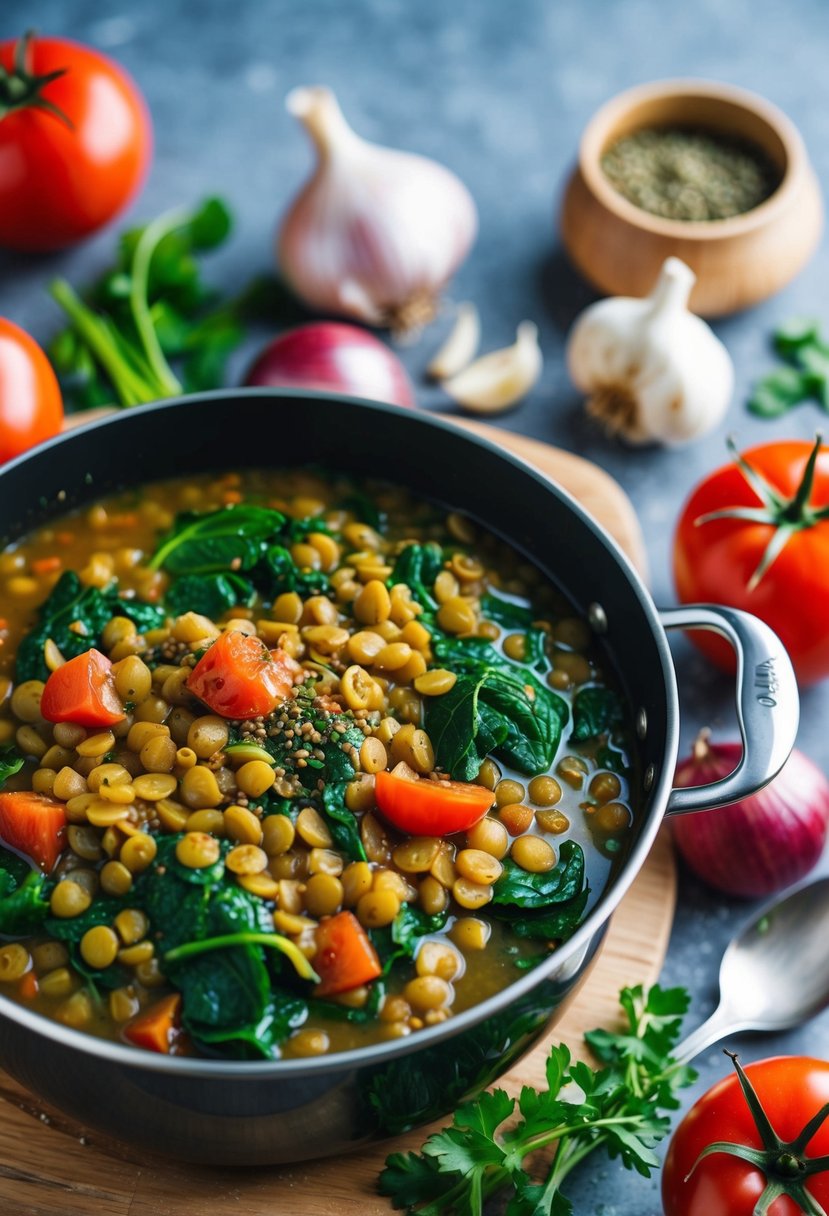 A steaming pot of lentil and spinach stew surrounded by fresh ingredients like tomatoes, onions, and garlic, with a sprinkle of herbs and spices