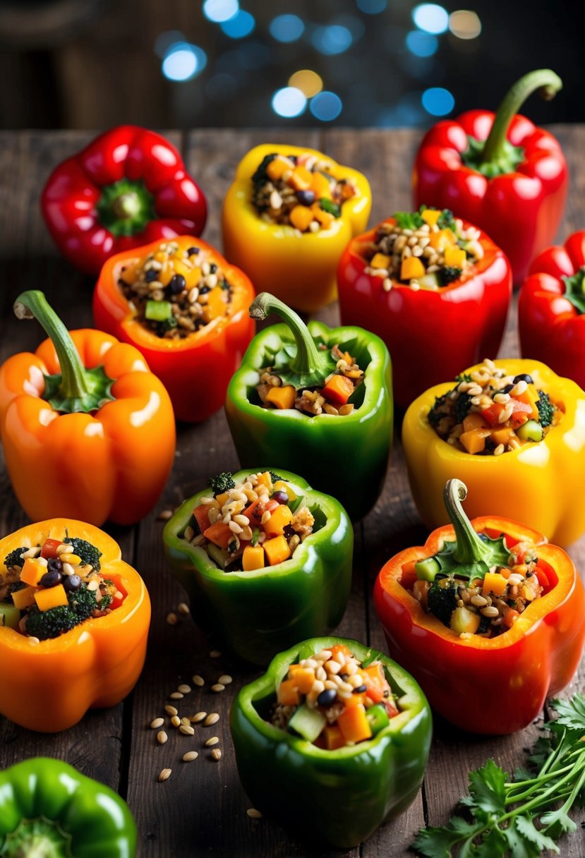 A colorful array of bell peppers stuffed with a variety of vegetables and grains, arranged on a rustic wooden table