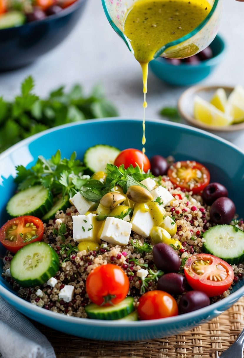 A colorful bowl filled with quinoa, cherry tomatoes, cucumbers, olives, feta cheese, and fresh herbs, drizzled with a zesty Mediterranean dressing