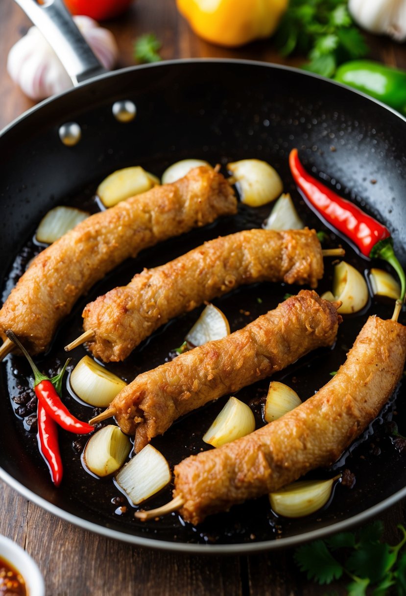 A sizzling skillet with Skinless Filipino Beef Longganisa surrounded by garlic, onions, and chili peppers