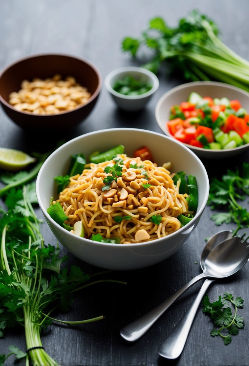 A bowl of cold peanut noodle salad surrounded by fresh vegetables and herbs