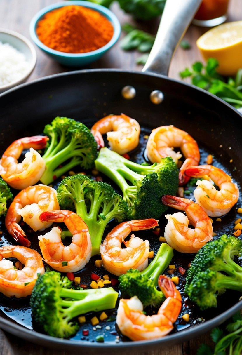 A sizzling skillet with vibrant broccoli and succulent shrimp, surrounded by colorful spices and fresh ingredients