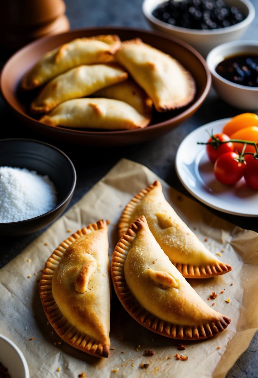 A table with freshly baked Filipino empanadas and ingredients