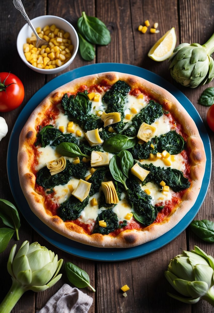 A colorful pizza topped with spinach and artichoke, surrounded by fresh ingredients and set on a rustic wooden table