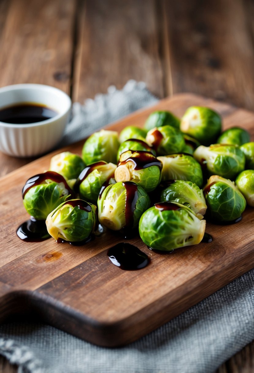 Brussels sprouts drizzled with balsamic glaze on a rustic wooden cutting board