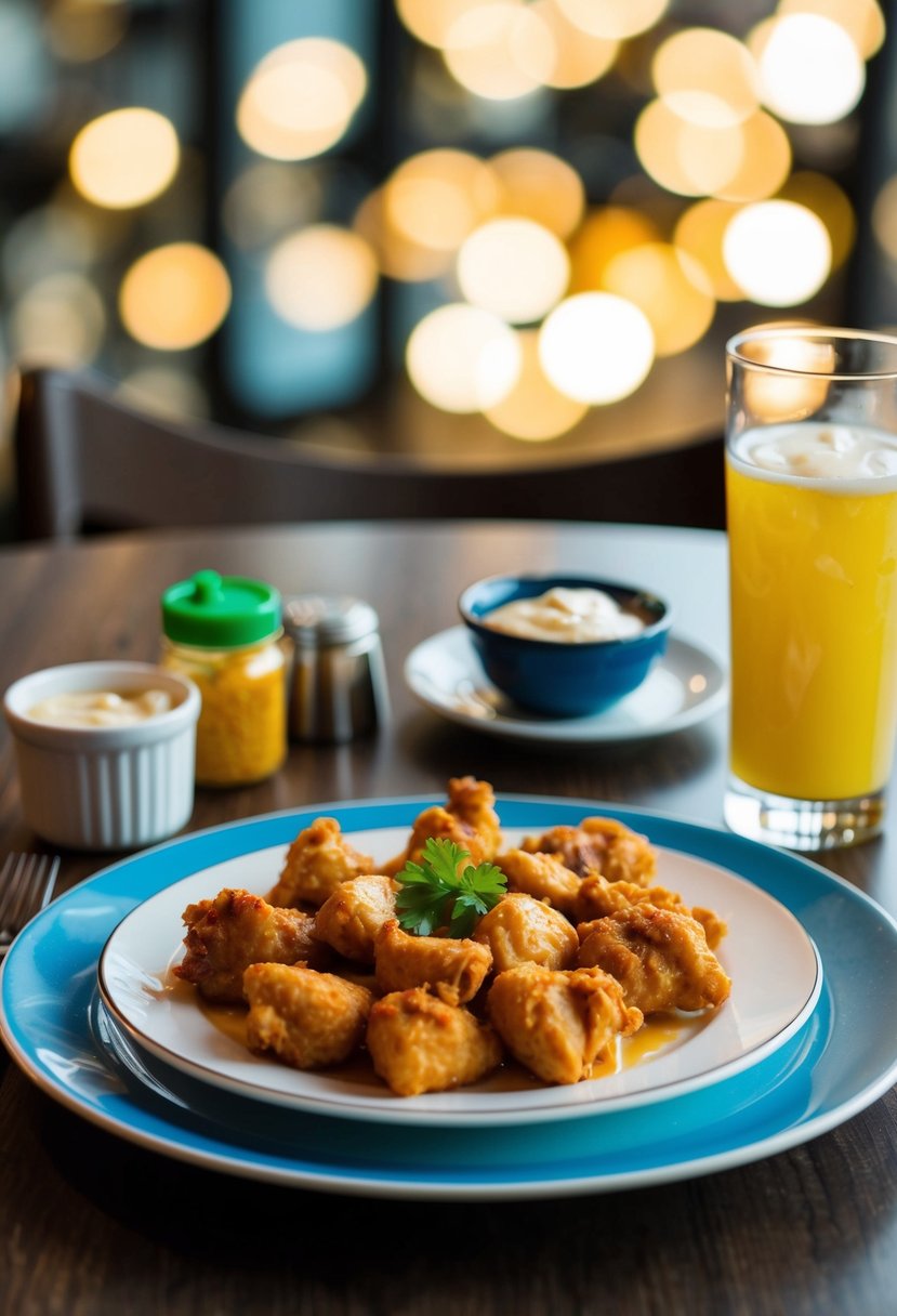 A table set with a plate of Chicken Joy, surrounded by condiments and a glass of drink