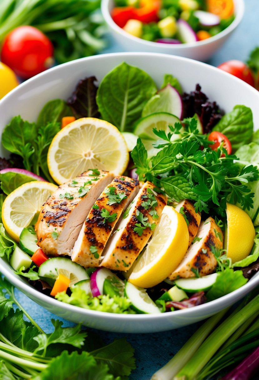 A colorful salad bowl with grilled chicken, fresh lemon slices, and vibrant herbs, surrounded by a variety of fresh vegetables and leafy greens