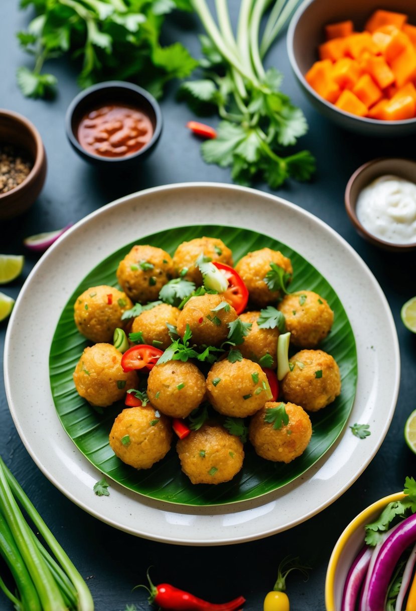 A plate of homemade fishball ulam surrounded by a variety of colorful vegetables and condiments